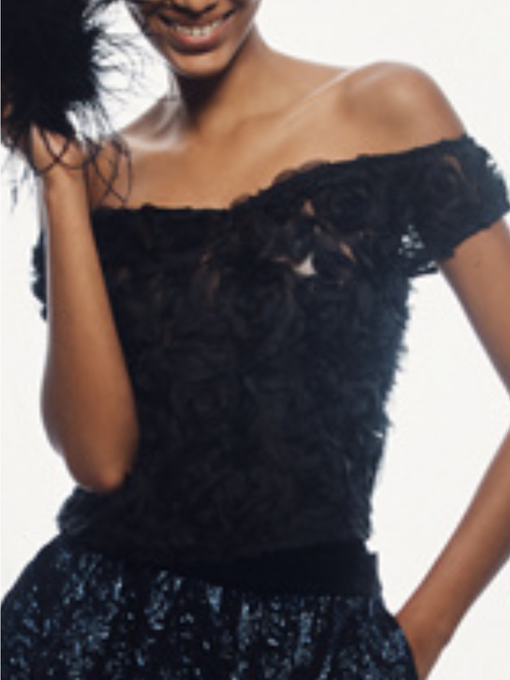 NWT Anthropologie Black Off-Shoulder Rosette Lace Texture Top, sz Large